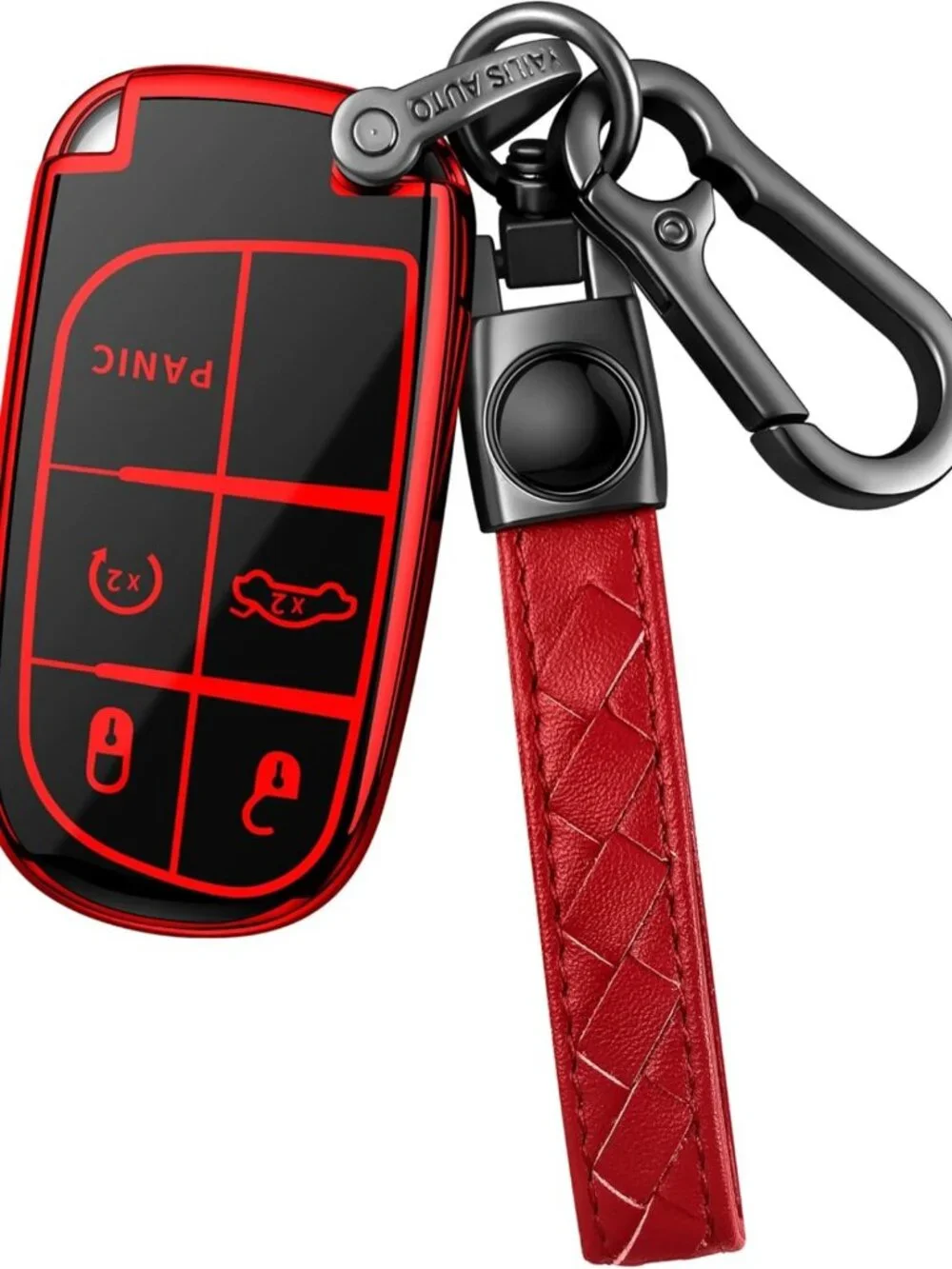 Soft TPU Key Fob Cover with Leather Keychain for Jeep, Dodge, Chrysler - Red